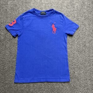 Polo Ralph Lauren Big Pony Rugby T-Shirt Youth Boys Size 7 Blue 100% Cotton